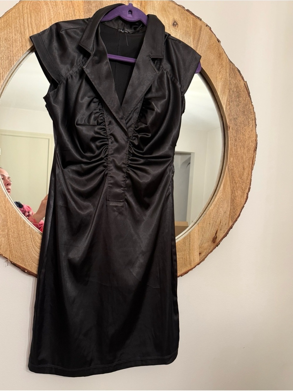 French Connection Black Satin Ruched V-Neck Midi Dress